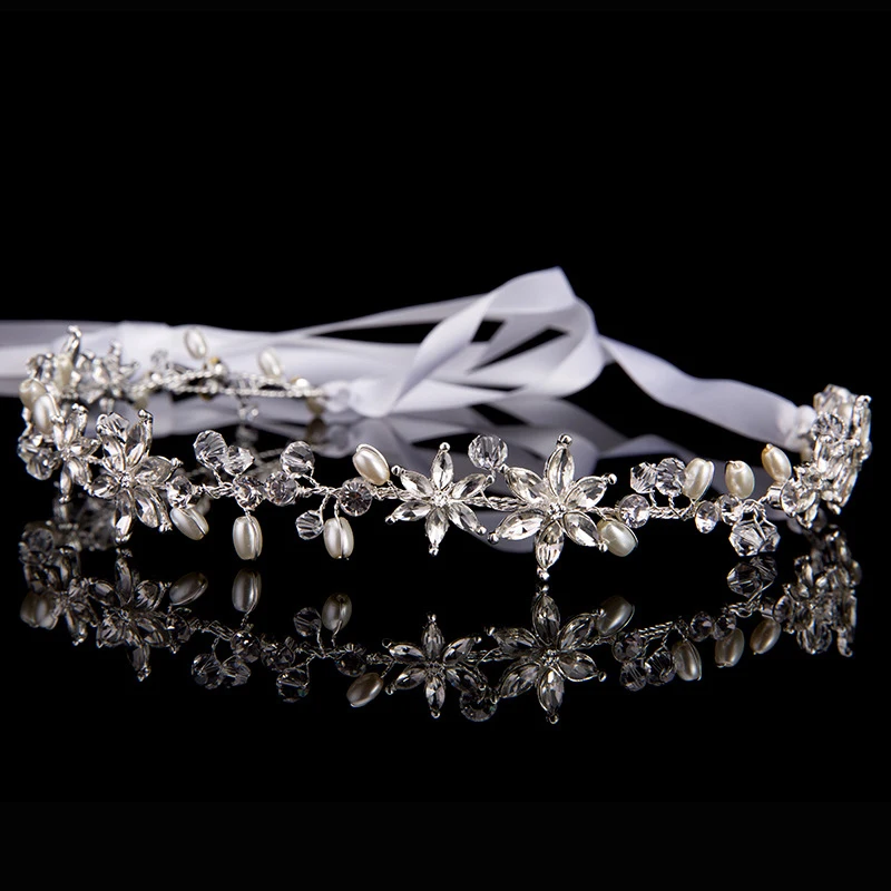 Серебряная свадебная тиара с кристаллами, повязка на голову, украшенная бусинами, цветами, на выпускной, Свадебная лента для волос, золотой лист, жемчуг, головной убор невесты для женщин, ювелирные изделия для волос