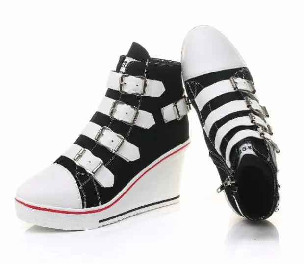 

Autumn Boot White Gril Shoes High Heels Buckle Wedge Student Shoes Casual Magic Fastener Canvas Ladies Shoes Platform Ankle Boot