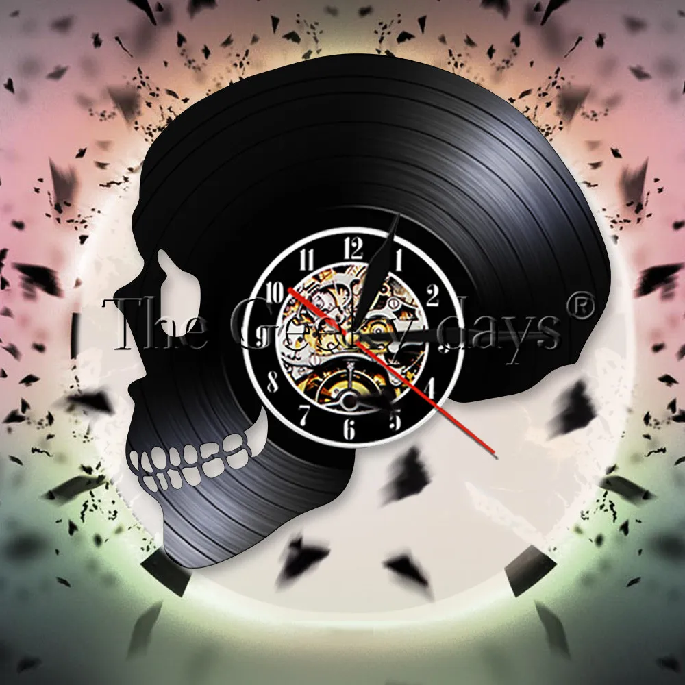 

Skull Head Silhouette Shadow Wall Clock Skeleton Head Vinyl Record Wall Clock Skull Horror Death Bone Wall Watch Halloween Gift