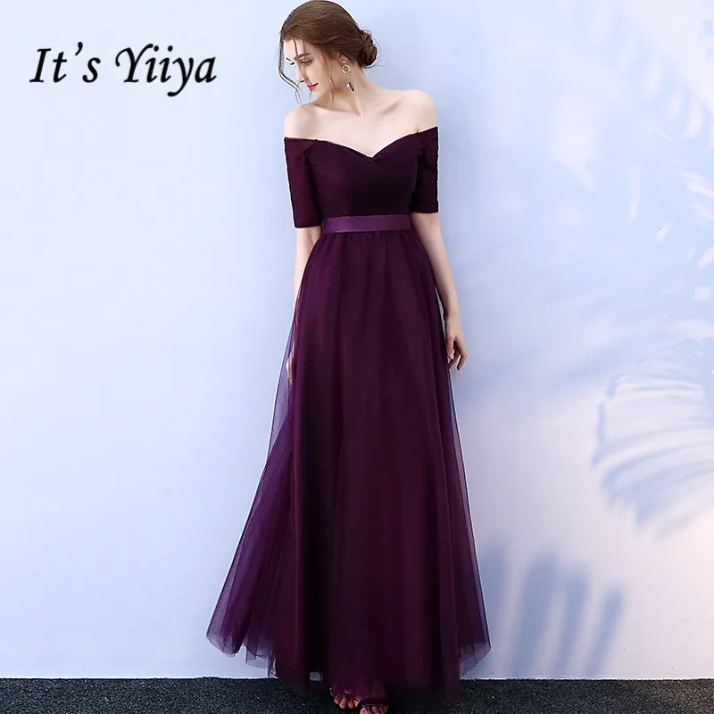 purple off shoulder gown