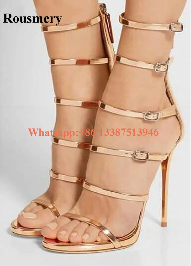 

New Design Women Fashion Open Toe 5 Straps High Heel Sandals Cut-out Gold Gladiator Sandals Formal Dress Pumps