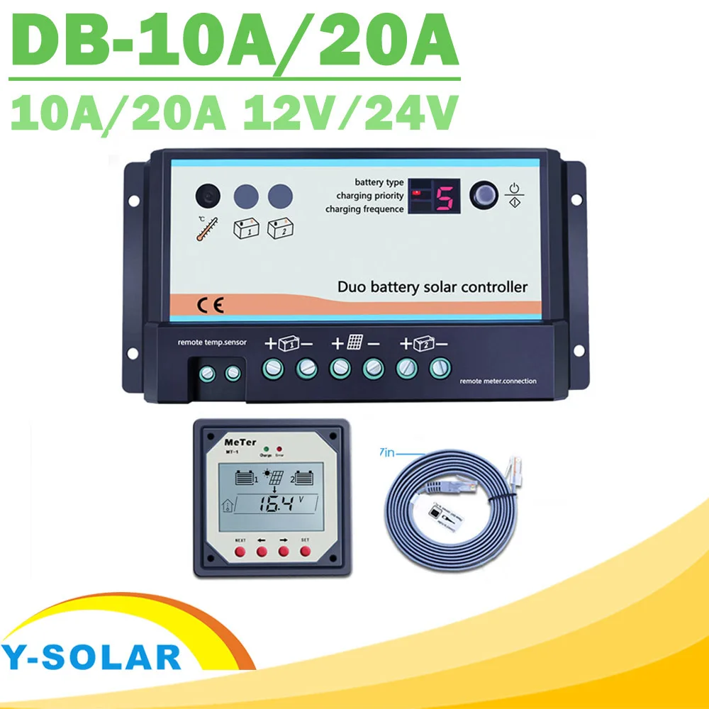 EPever 20A 10A Dual Battery Solar Controller 12V 24V High efficient PWM Charging Regulator Opt Remote Display MT-1 Temp Cable