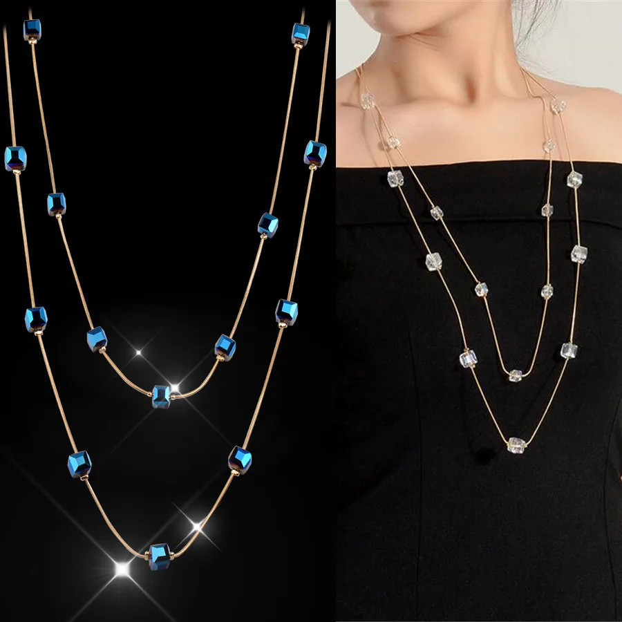 

Double Chain Long Necklace for Women Fashion Square Crystal Choker Necklaces & Pendants Female Jewelry 2018 Gold Color Collier