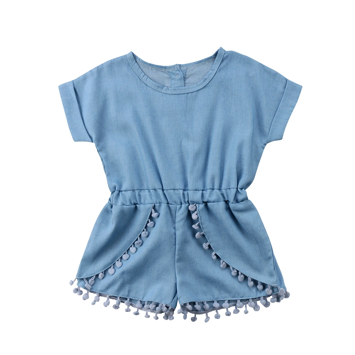 Летняя Одежда для детей; малышей; девочек кисточкой сплошной синий короткий рукав комбинезон пляжный комбинезон одежда