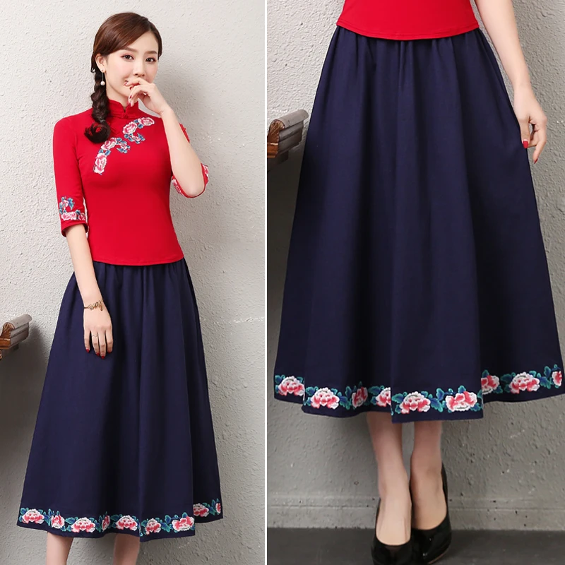 KYQIAO faldas mujer moda Женская Мексиканская стильная Этническая дизайнерская Длинная черная синяя красная юбка миди с вышивкой длинная юбка