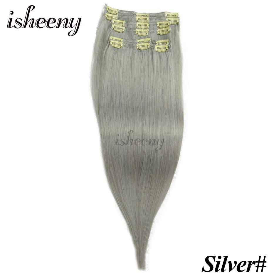 Isheeny Remy(Реми), накладные волосы для наращивания 8 шт./компл. бесшовные натуральные человеческие волосы для наращивания на заколках, на всю голову, бразильский Однотонная одежда волосы на заколках - Цвет: Серебристый