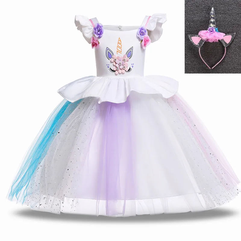 Unicorn Dress Flower Girls Unicorn Tutu Dress Princess Girls Christmas Dress Children Unicorn Party fantasia Girls Dress - Цвет: whiteB and headdress