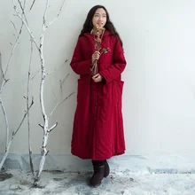 Women Winter Thick Cotton Linen Hooded Padded Coat hand-made Button Single breasted Long Overcoat Vintage Loose Solid Outwear