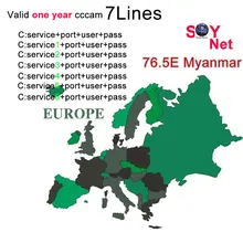Cccam 76.5E Myanmar 7 Cline 1 Year Europe Server 7lines HD Italy Spain Arabic Cline For Super DVB-S2 Satellite