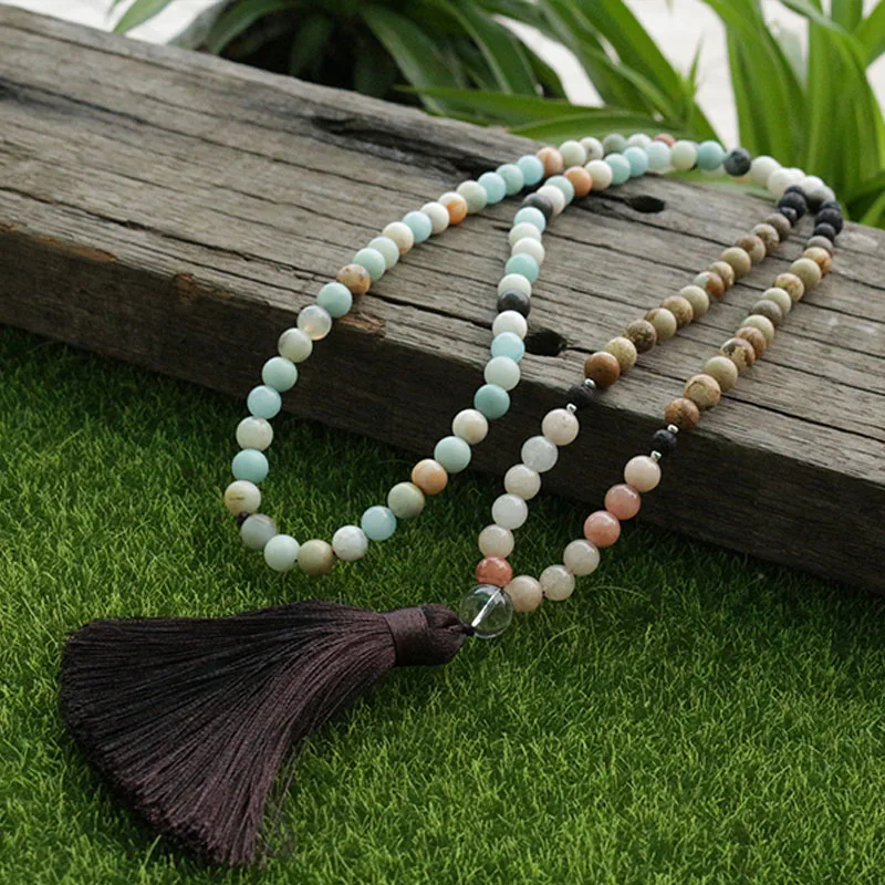 

8mm Amazonite Stone And Picture Stone Mala Beads Necklace, Matte Natural JaPaMala,108 Bead Mala, Mala Jewelry, Mala Prayer Beads