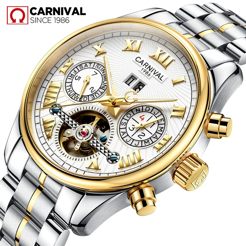 

Carnival Watch Men tourbillon Automatic Mechanical Gold Stainless Steel Waterproof multifunction White Dial Watches