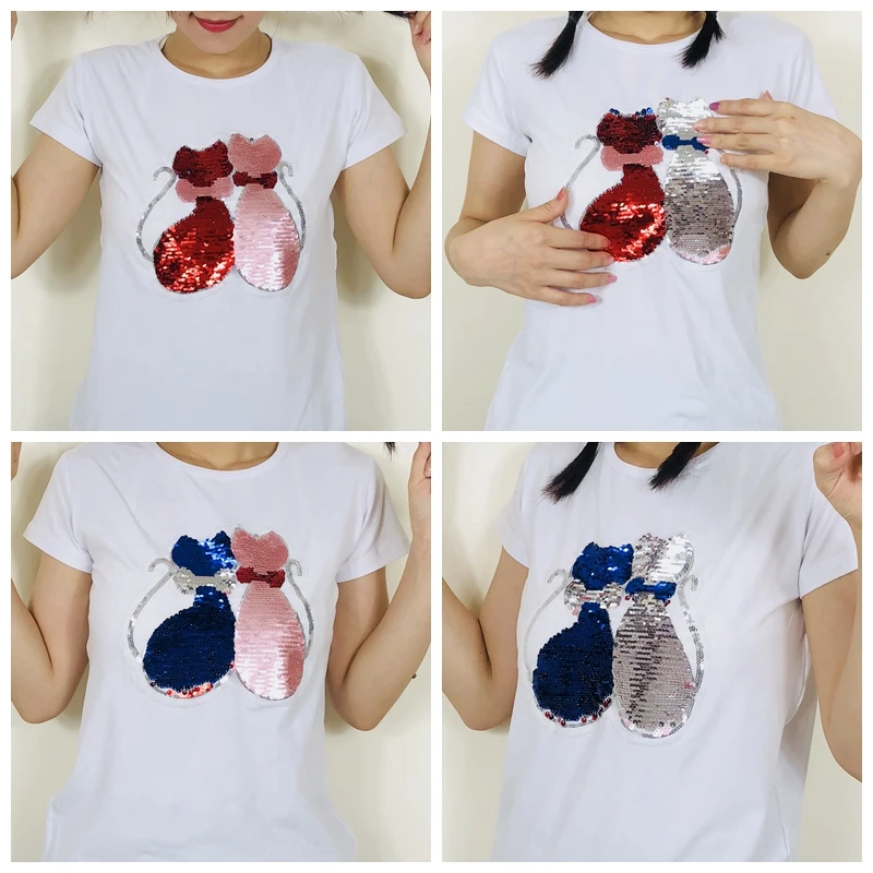 Double Sided Sequin Flash Glitter T-Shirts For Girls Sequins T Shirt Girls Cartoon Cat Kids Tshirt Summer Teen Clothes For Girls