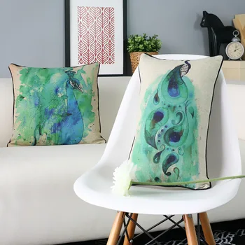 

Green Watercolor Peacock Pillow Cushion Birds Green Linen Pillowcase decorative pillows home decor sofa cushion