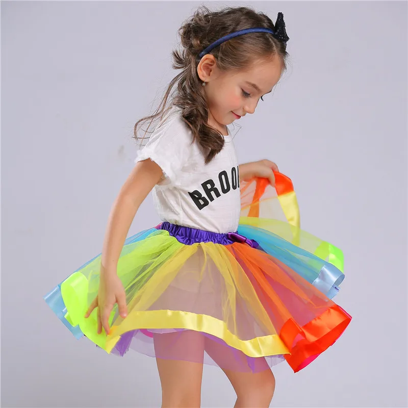 Ins Style 3-8 Years Old Girls Rainbow Tutu Skirts For Children Birthday Princess Mini Pettiskirt Party Dance Bowknot Mesh Skirt