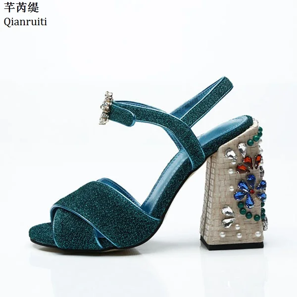 Qianruiti Rome Style Ankle Strap Slingback Women Pumps Open Toe Block Heels Women Sandals Studded Crystal High Heels Women Shoes