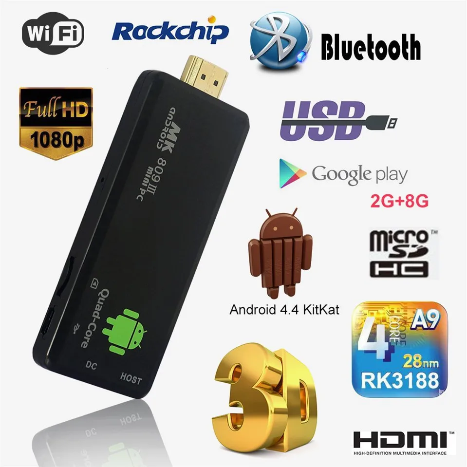 Mini TV Stick DLAN TV Dongle StickAndroid 4.4 PC Quad Core Rockchip RK3188T 2G/8G Wifi TV Media Player MK809III Bluetooth XBMC