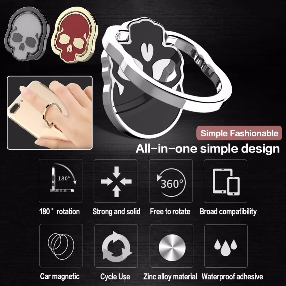 Innovative Skull Shape Mobile Phone Ring Holder 360 Rotation Adjustable Metal Alloy Cell Phone Finger Ring Holder for Samsung