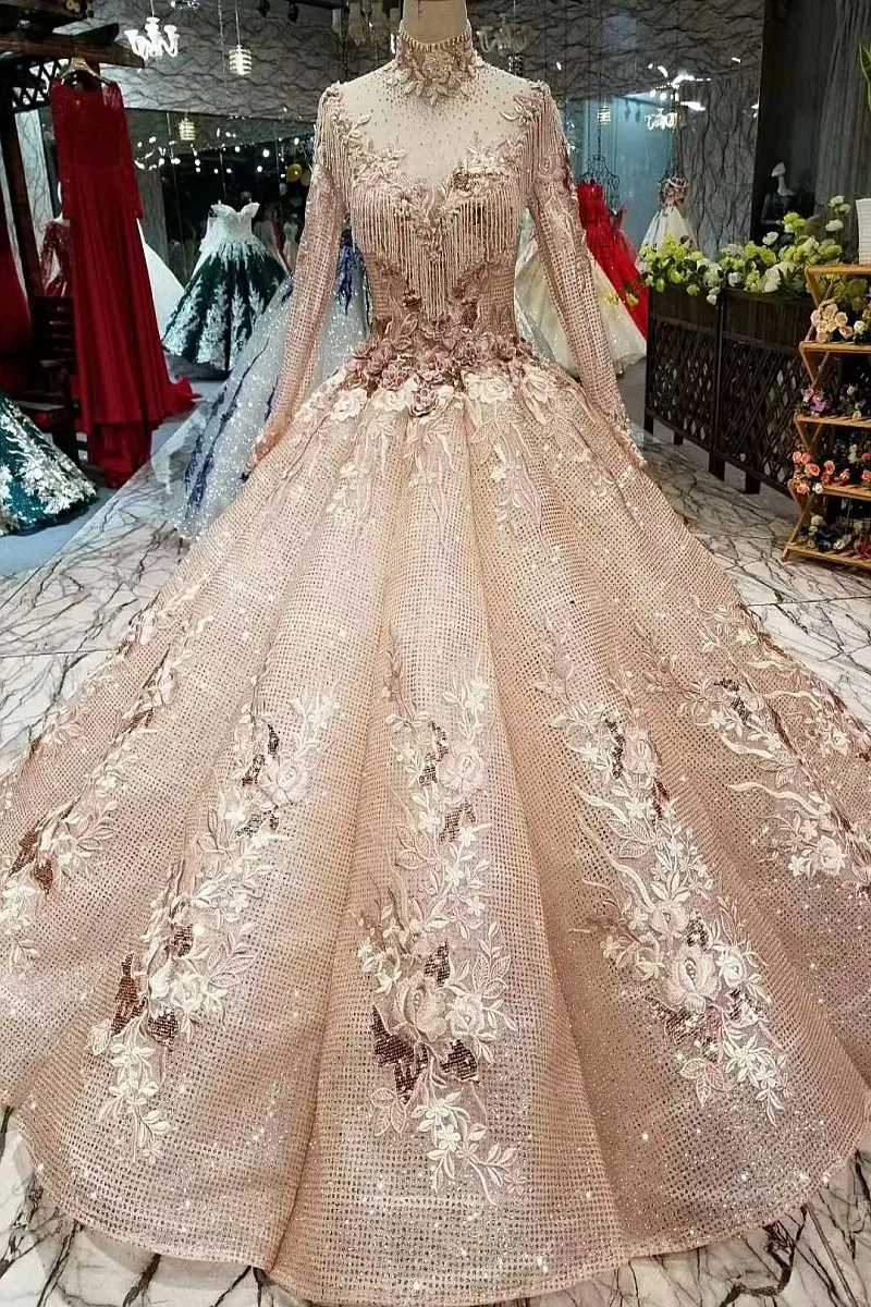 2018 Арабская, Дубай золото шампанского сетки пряжа высокой шеи Свадебные платья с открытой спиной волны бальное платье Принцесса Иллюзия