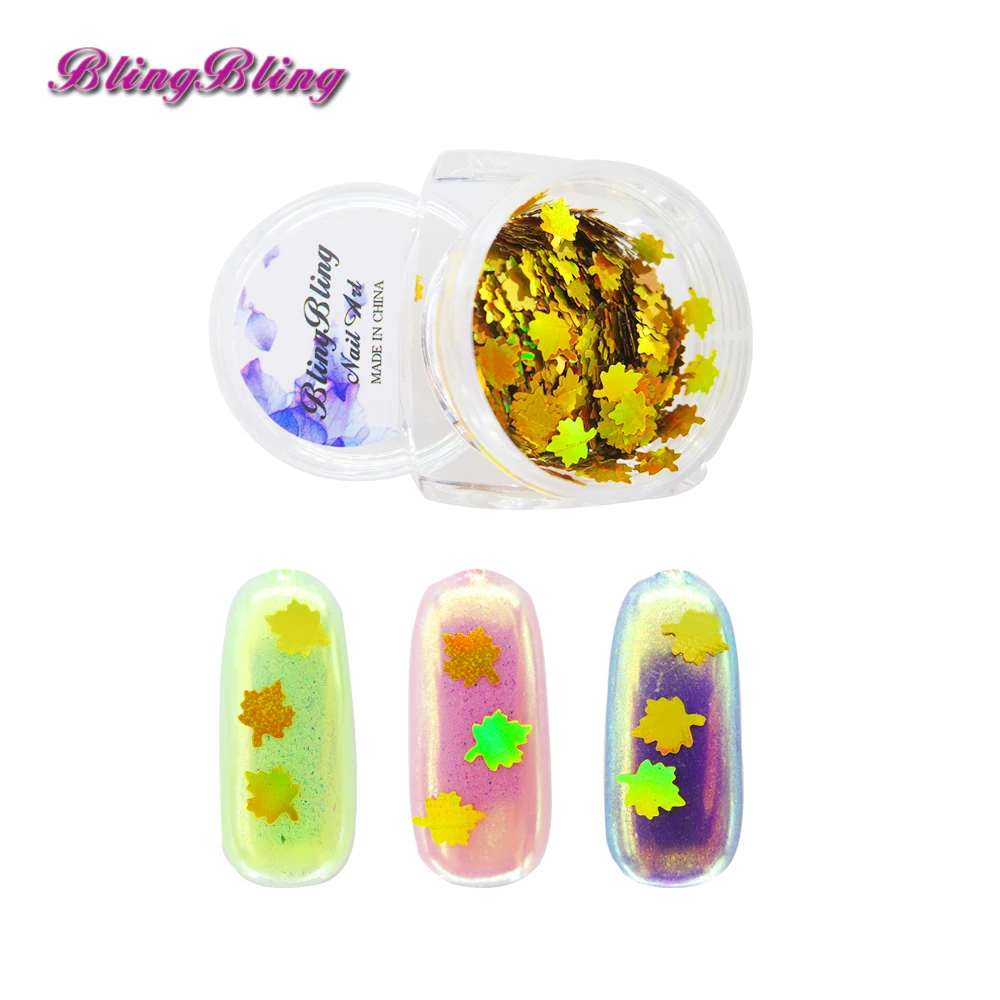 BlingBling новый осенний блеск для ногтей Золотой лак Кленовые Листья Форма