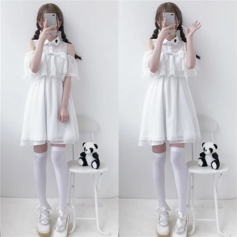 Kawaii платье женская одежда милый мультфильм Лето Turn Down воротник вышивка оборками