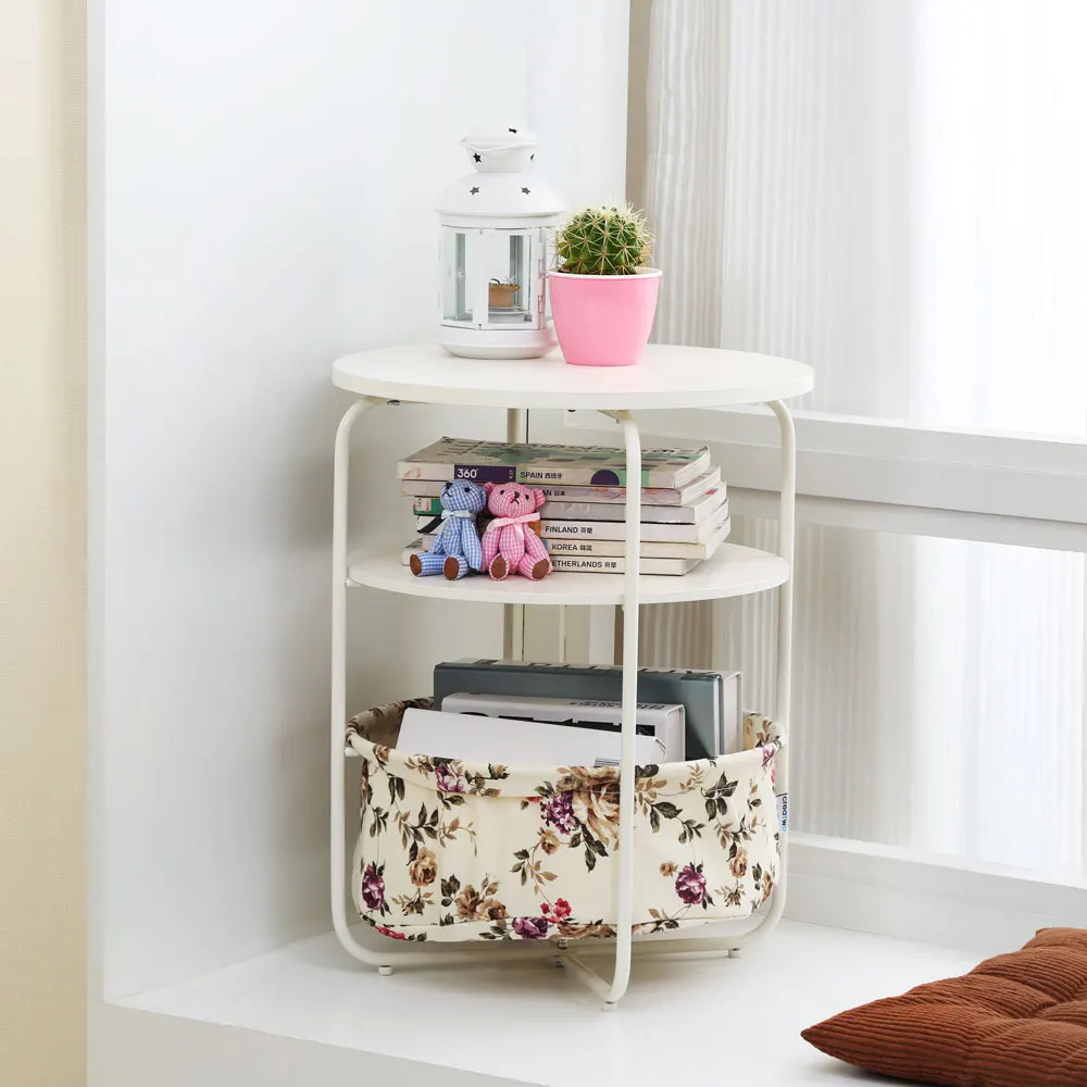Round Wooden Side Table 3 Tiers With a Book Storage Canvas Basket Bag