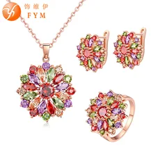 FYM Brand Jewelry Sets for Women Rose Gold color Multicolor AAA Cubic Zircon Earring/Necklace/Ring Flower Set Choose Size Ring blucome brand design rose gold color square cubic zircon ceramic earrings ring set chinese porcelain women wedding jewelry sets