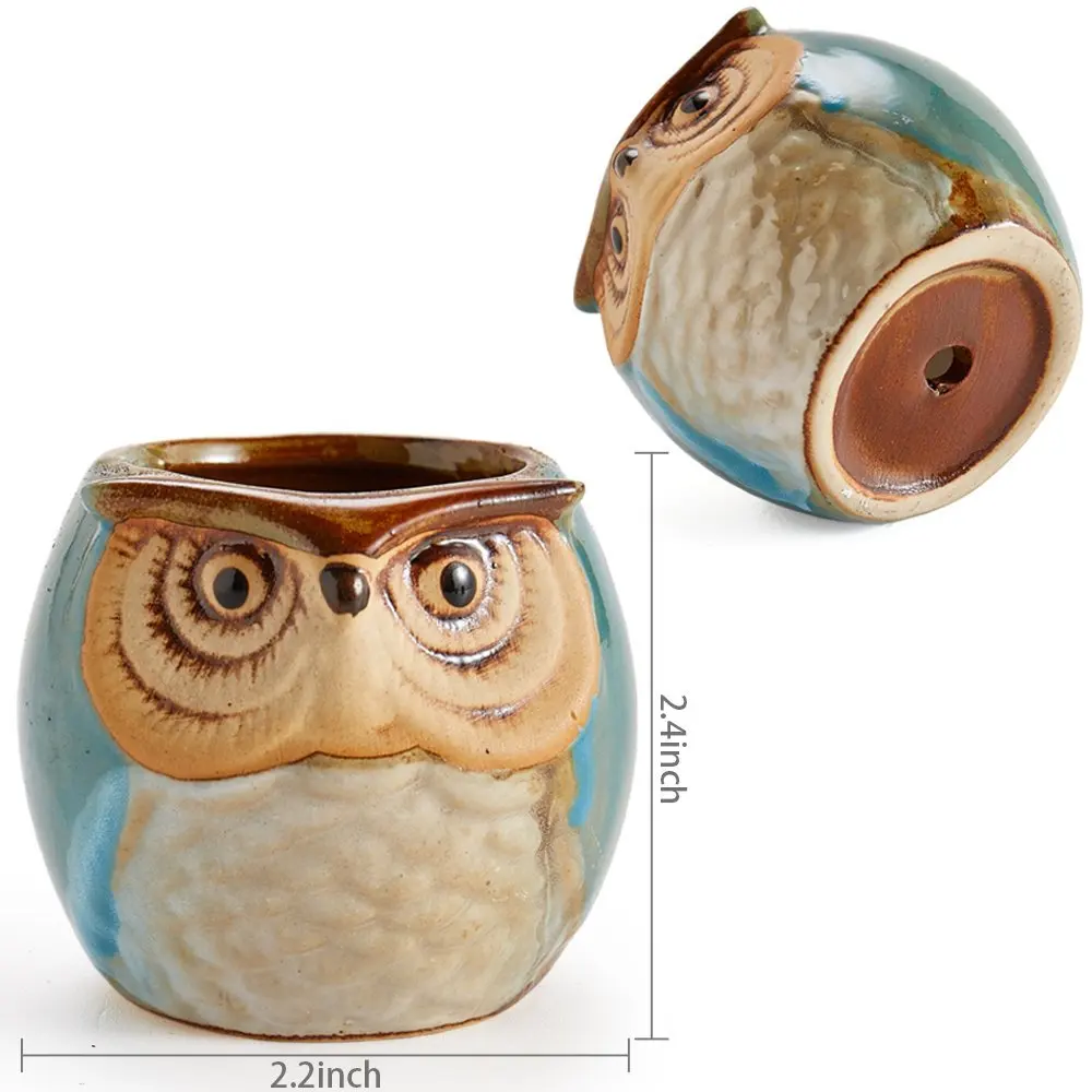 6pcs/lot 2.4 Inch Owl Pot Ceramic Flower Pot Flowing Glaze Base Serial Set Succulent Cactus Plant Container Planter Bonsai Pots