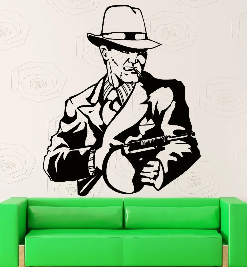 Wall Sticker Vinyl Decal Gangster Gunman With Machine Gun Mafia Decor