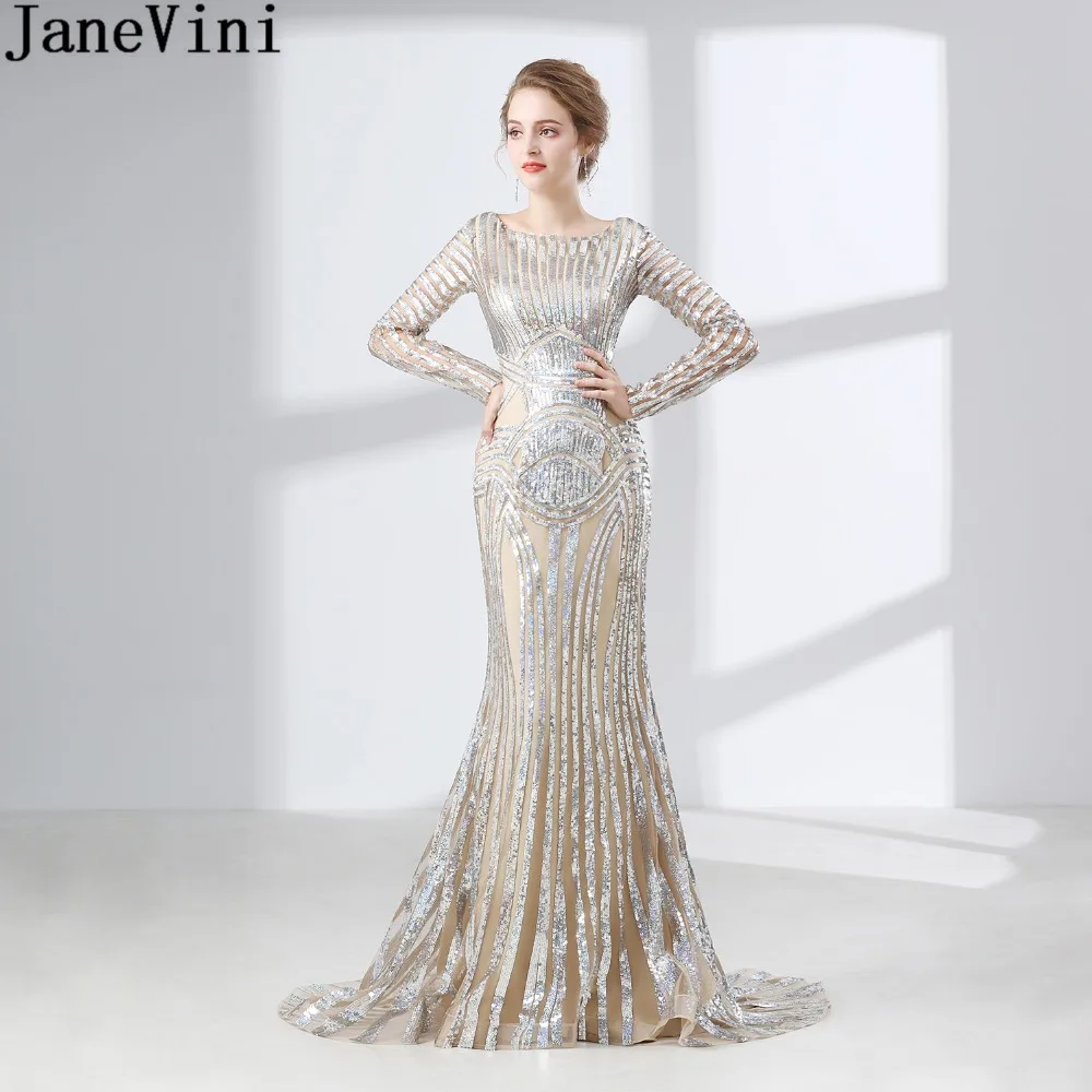 

JaneVini Arabic Long Sleeves Bridesmaid Dresses for Women Bling Sequins Mermaid Sweep Train Wedding Party dress Guest Prom Gowns