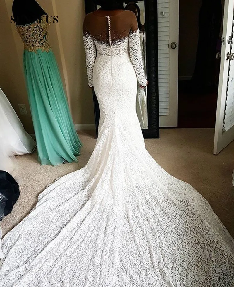 Beaded Illusion Neck Vintage Lace Bridal Dresses Long Sleeves Mermaid Wedding Gowns Women Sweep Train Marrige Dress