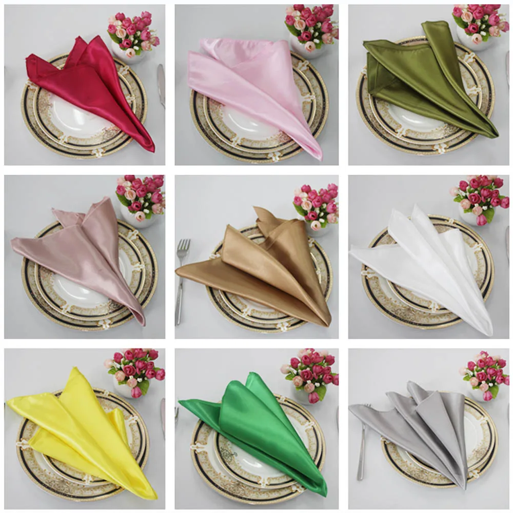 

Big Discount 100pcs/lot 19" Square Satin Table Napkin For Wedding Birthday Christmas Party Decoration Red/Gold/Purple 24 colors