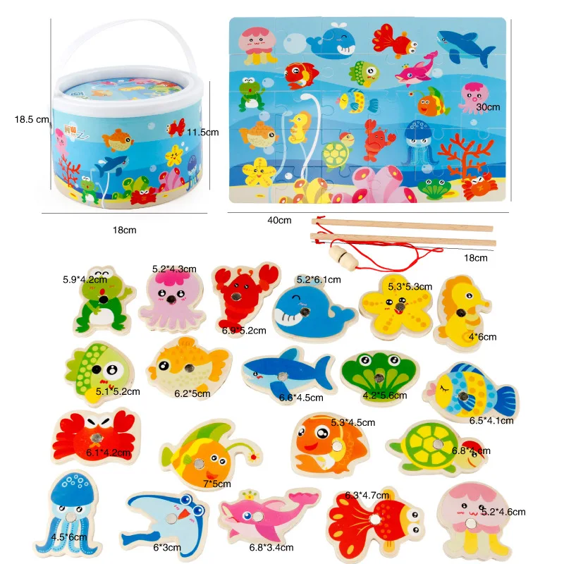 3D Wooden Magnet Fish Puzzle Kids Toys Magnetic Fishing Parent-child Interactive Toy For Children Educational Indoor Fun Game