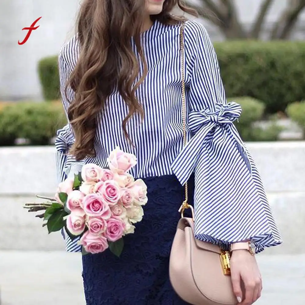 

Feitong camisetas mujer verano 2018 Blouse Summer Women O-Neck Long Sleeves Blouse Stripe Flare sleeve Tops Loose Blouse /PY