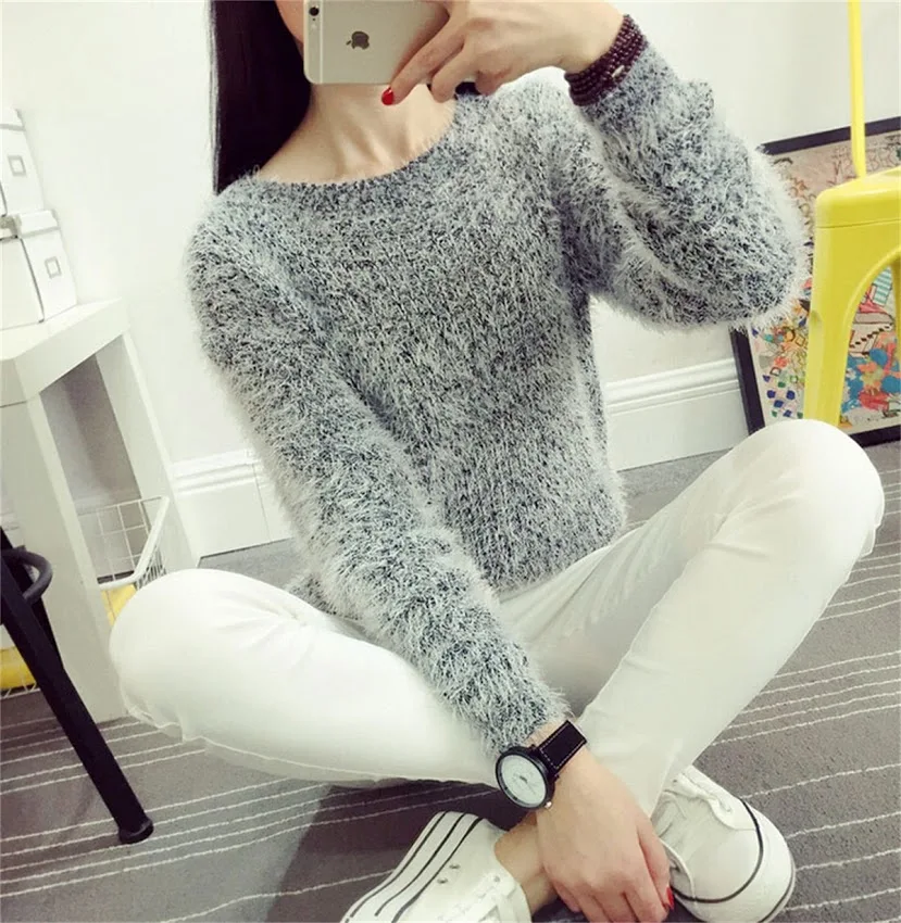 Fuzzy Pullover Mohair Blend Crewneck Sweater Women's Fall Winter Jumper Knitwear