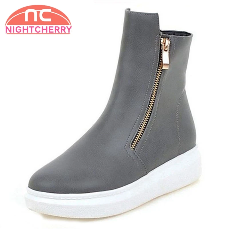 

Women Ankle Boots Round Toe Platform Shoes Female Slip On Flat Sole Botas Ladies Zipper Winter Fur Footwear Shoes Size 34-43