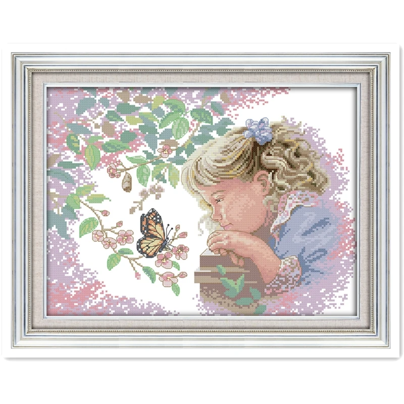 

The Little Girl With Butterfly 11CT Printed On Canvas Painting DMC Cross Stitch Fabric Chinese Counted Cross Stitch Patterns Kit