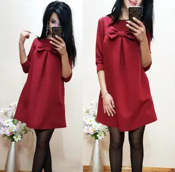 

Cute Bow-knot Loose Straight Autumn Winter Dress Women Fashion Beach Style Dress Solid Color Half Sleeve Dresses Plus Size XXL