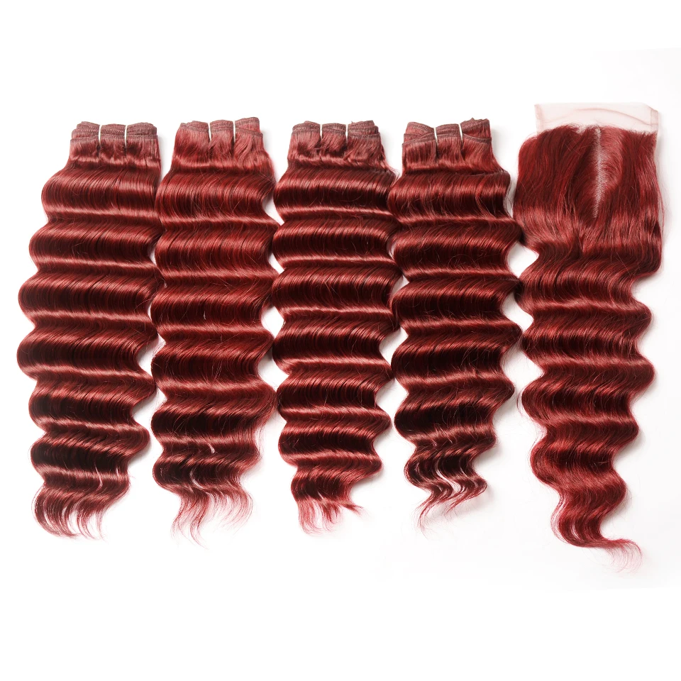 Pinshair Burgundy 99J Brazilian Loose Deep Wave Hair 4 Bundles With Closure Bold Red Human Hair Weave Lace Closure Non Remy Hair (4)