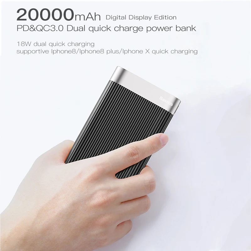 Baseus 20000mAh Quick Charge 3.0 Power Bank LED Display Dual USB Type C PD Fast Charging External Battery Pack Charger Powerbank