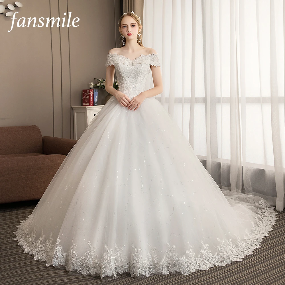 

Fansmile New Vestido De Noiva Elegant Luxury Lace Wedding Dress 2020 Vintage Ball Gowns Train Plus Size Customized FSM-516T