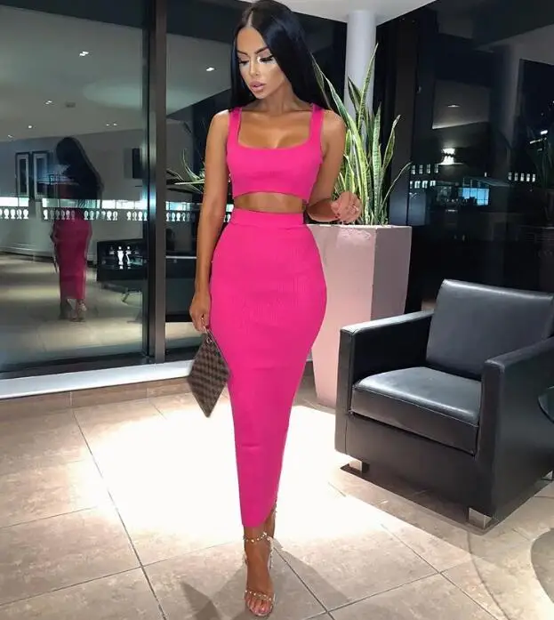 

Top Quality Sexy O Neck 2 Piece Long Bandage Dress 2018 Knitted Elegant Designer Party Dress