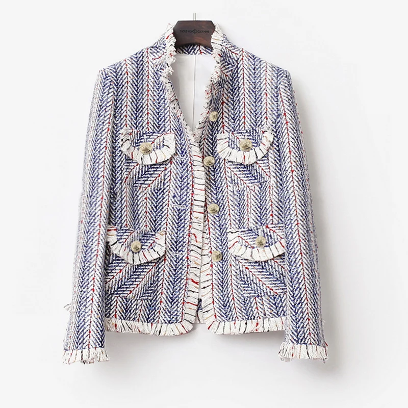 

Blue and white striped tweed jacket 2019 spring / autumn / winter women's jacket new female ladies knitted tassel short coat