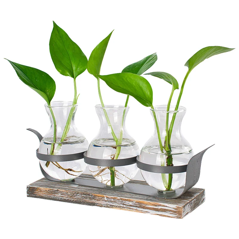 

Creative Wooden Base Iron Art Transparent Glass Hydroponic Vase Vintage Flower Pot Office Desktop Planters Home Decor Plant Pots