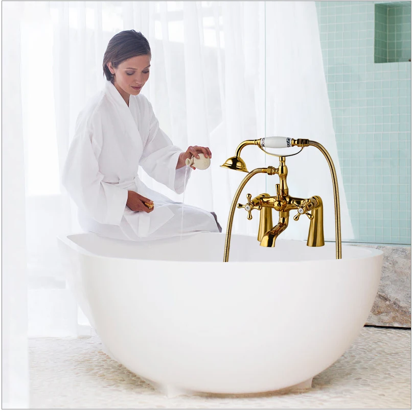 KEMAIDI античная латунь Золотые Смесители Для ванны и душа набор двойные ручки смеситель кран на бортике для ванны поворотный для душа излив на ванну душ