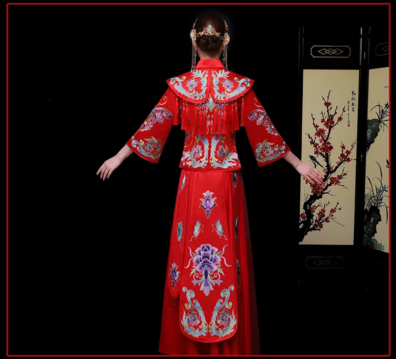 Восточный невесты красный китайский традиционный свадебный платье женское Красное китайское вышитое элемент длинное свадебное платье