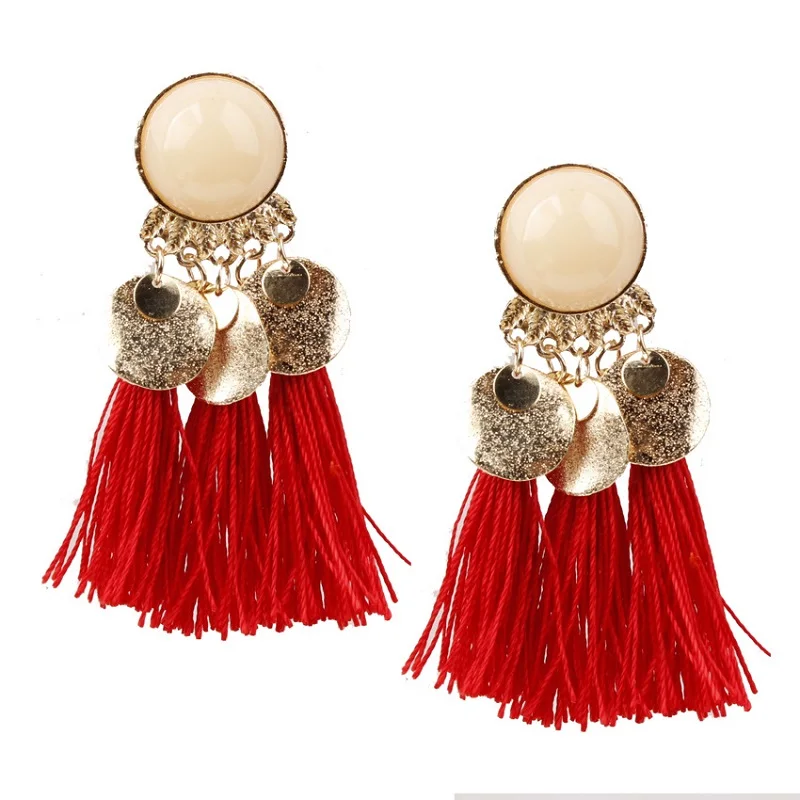 

Ethnic Vintage Red Long Tassel Hoop Earrings Luxury Maxi Green Silk Thread Ethnic Bohe Resin Big Earrings For Women Jewelry Gift