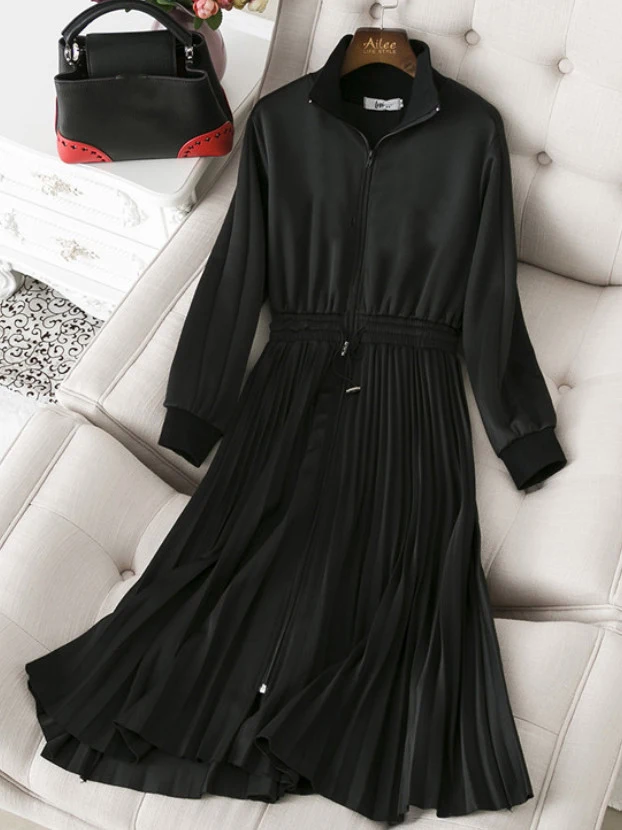 black Thick fabric Европейская и американская Женская Длинные рукава стенд воротник чистый цвет с эластичной талией платье - Цвет: black Thick fabric