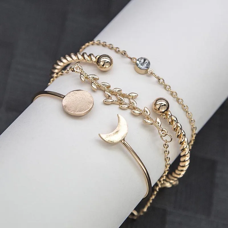 4 шт./компл. женские браслеты листья луна полумесяц закрученный браслет на