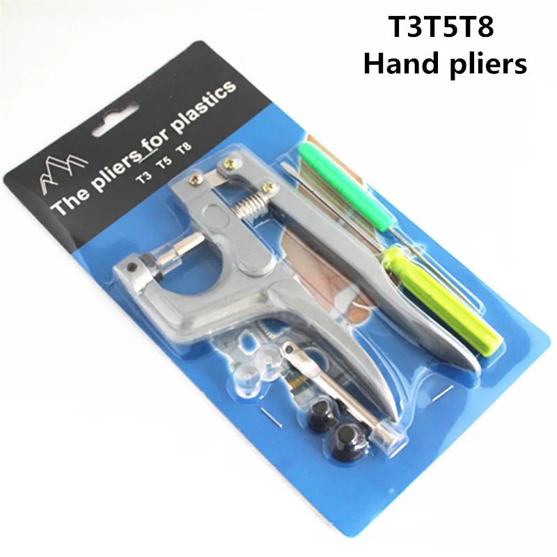 

T3 / T5 / T8 plastic snap fastener installation tools teamed up with button pressure clamp pliers hand pressure machine