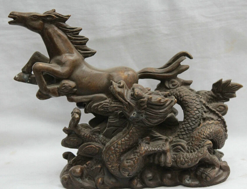 

10" Chinese Folk Fengshui Bronze Money wealth Dragon and Horse Spirit Statue